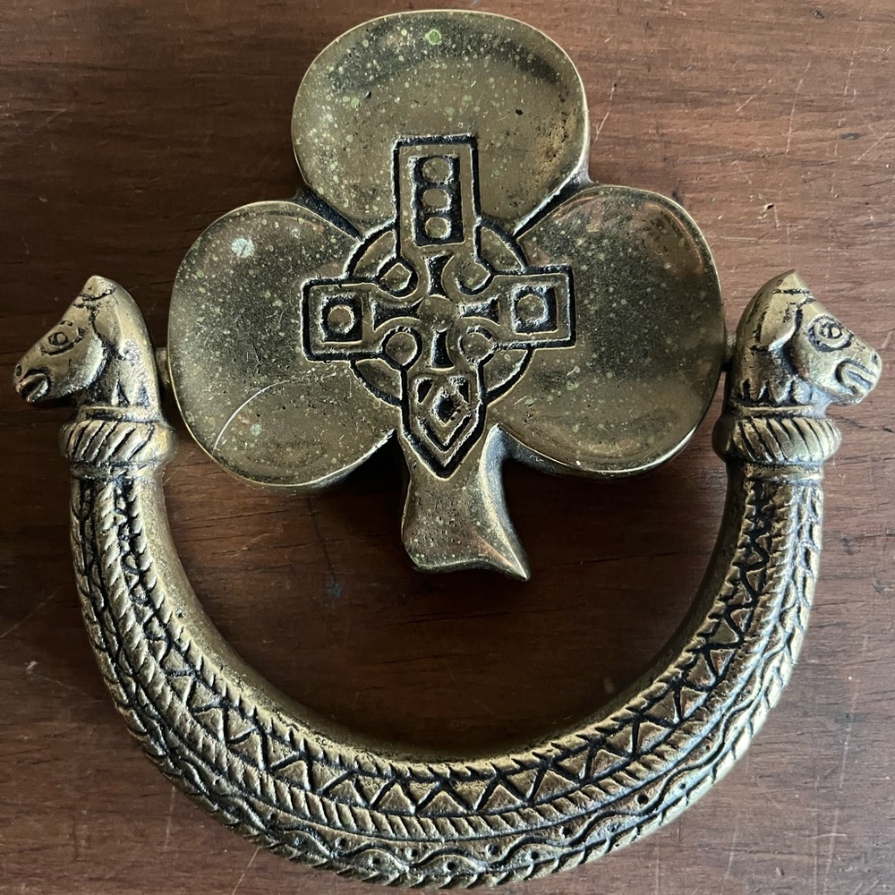 ☘️Antique Celtic Irish Shamrock Three Leaf Clover Gold Brass Door Knocker☘️